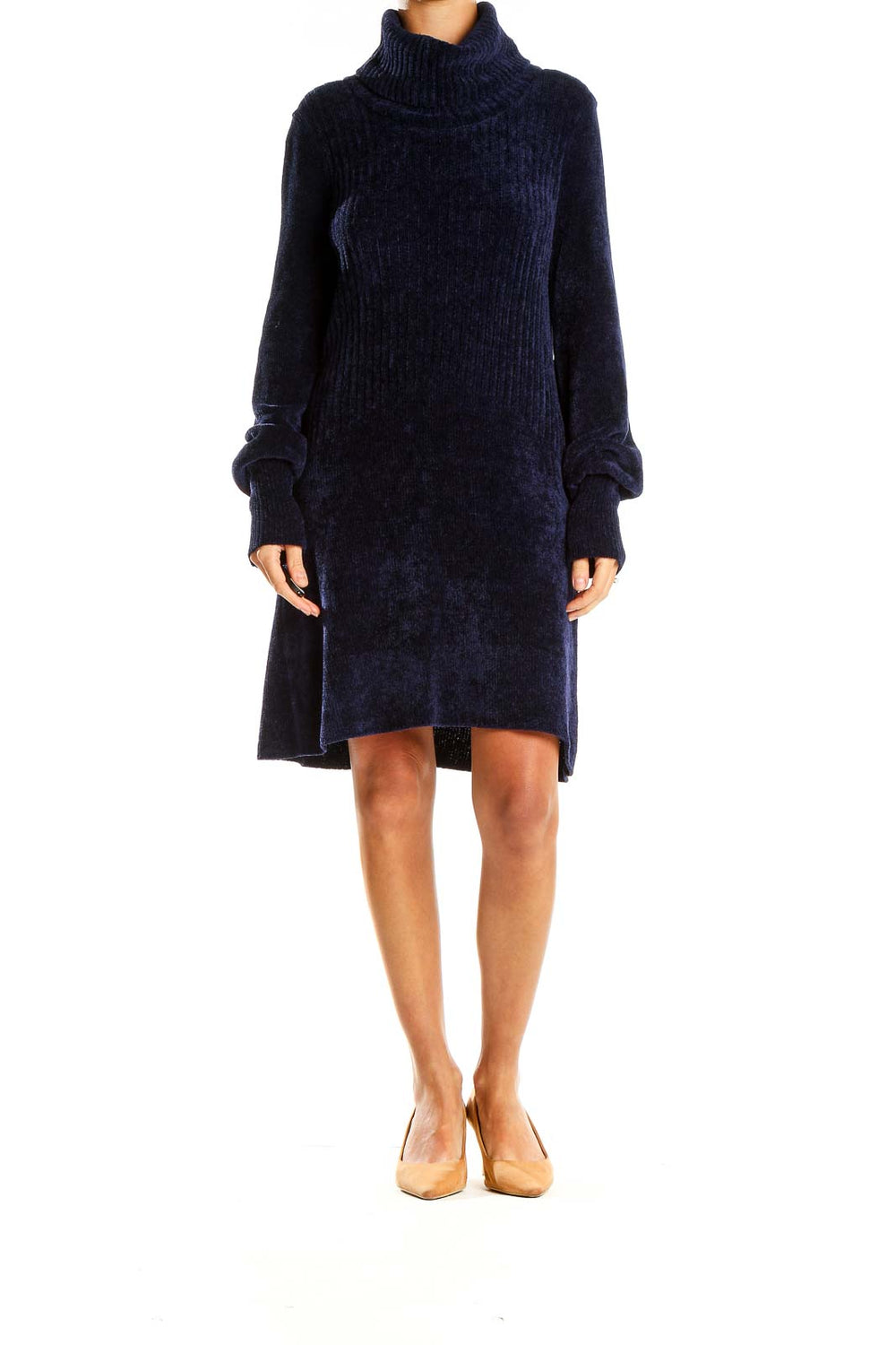 Front view of Free People navy ribbed turtleneck sweater dress