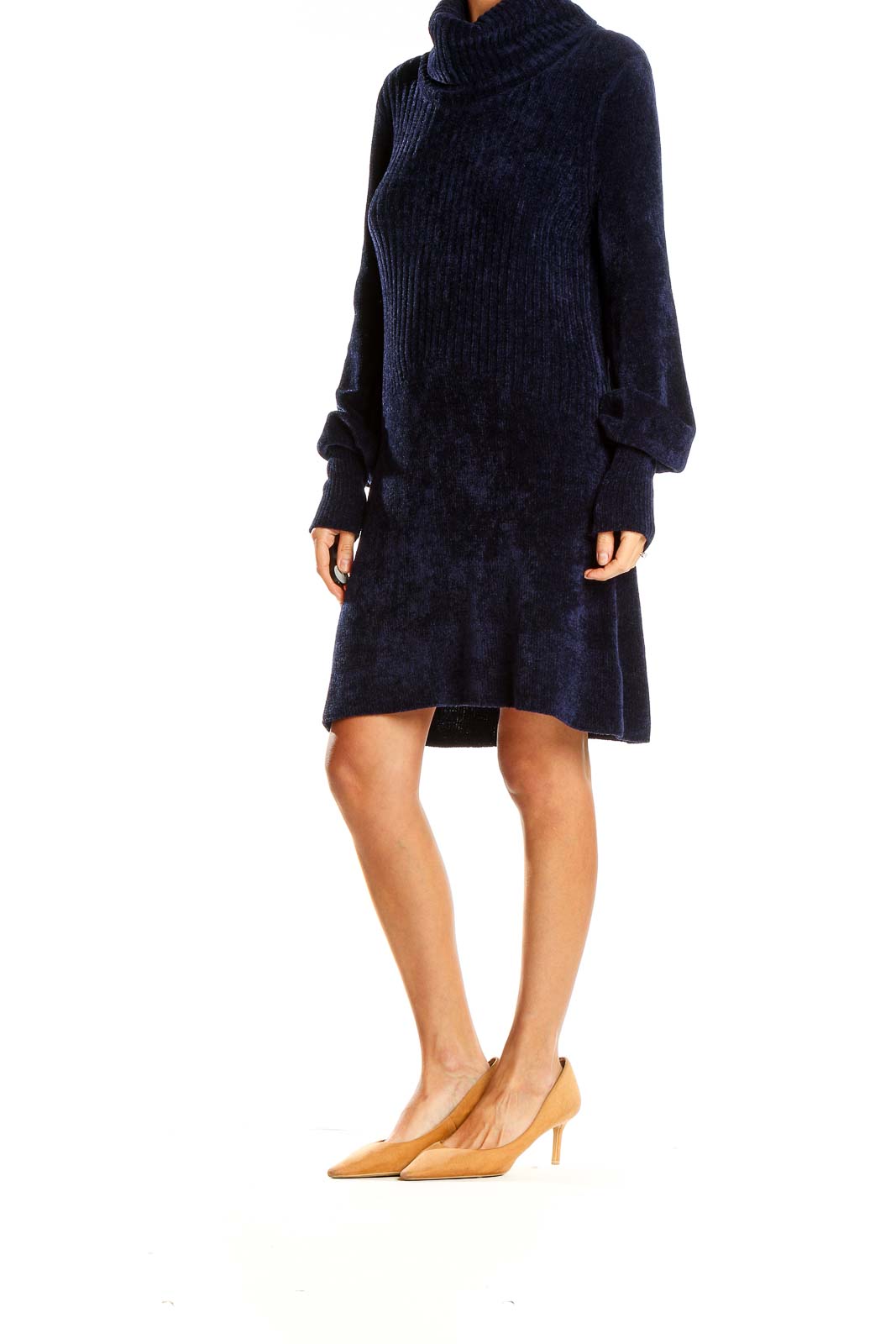 Front view of Free People navy ribbed turtleneck sweater dress