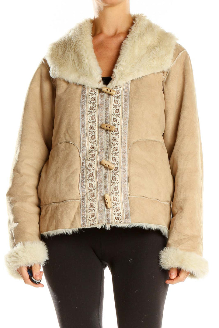 Beige Embroidered Fur Jacket