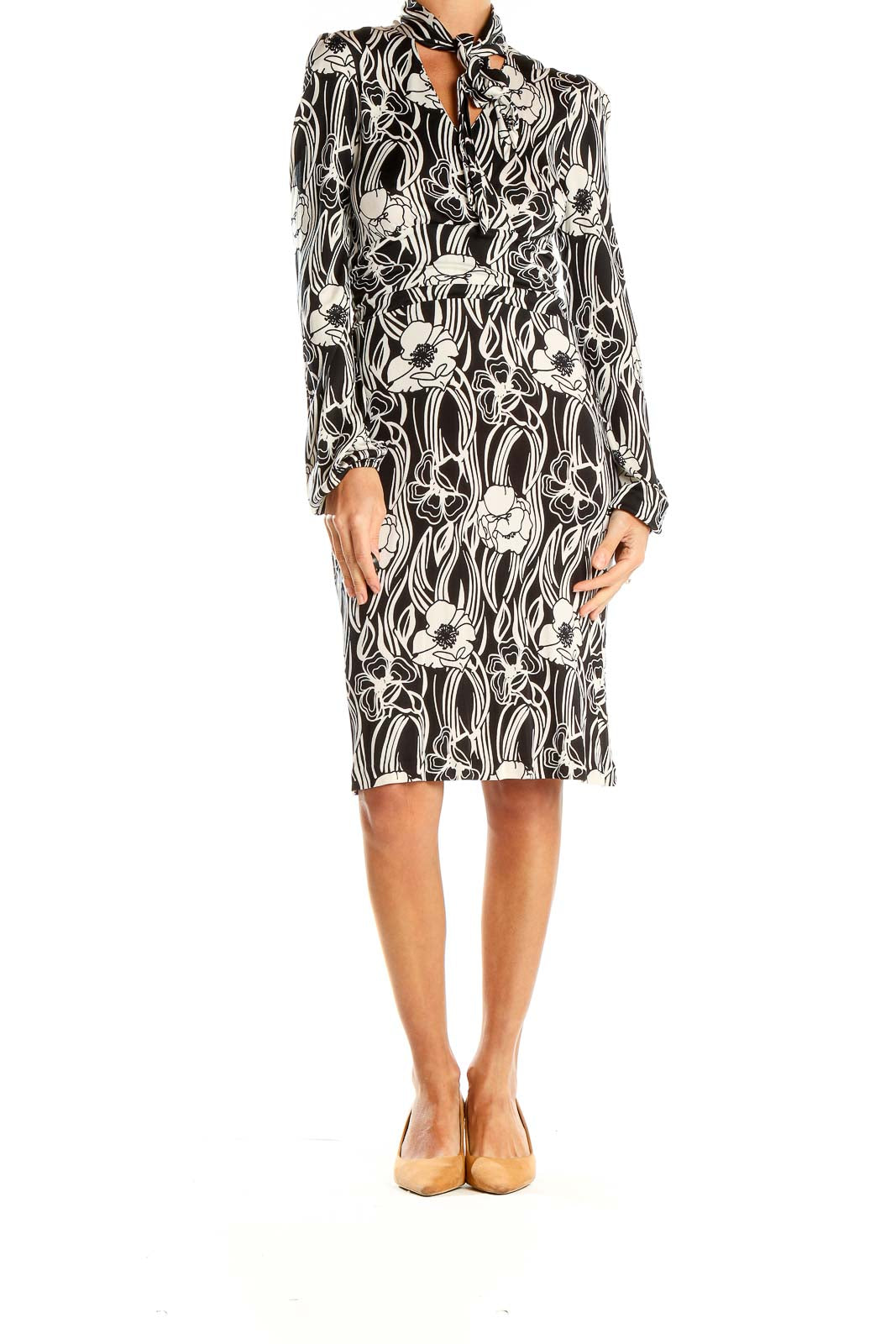 Front view of Banana Republic black and white floral print silk dress with tie neck detail