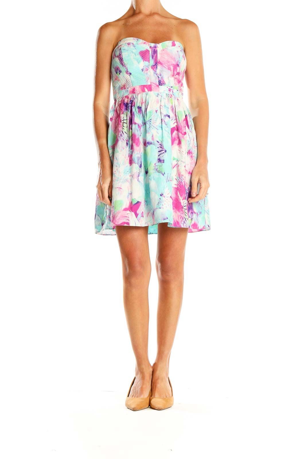 Blue Pink Floral Print Strapless Mini Dress