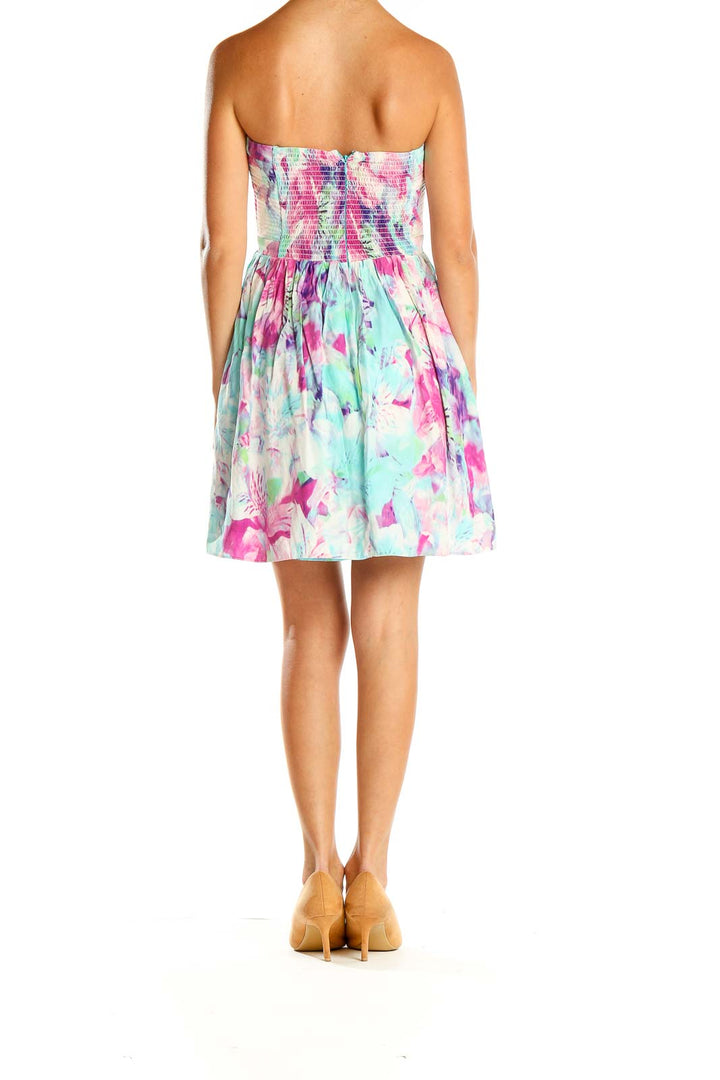 Blue Pink Floral Print Strapless Mini Dress