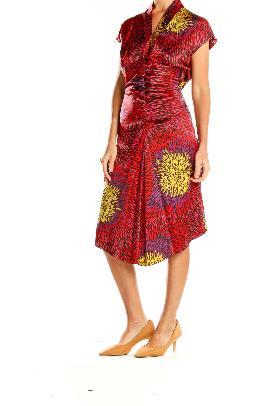 Red Printed Retro Silk Midi Dress