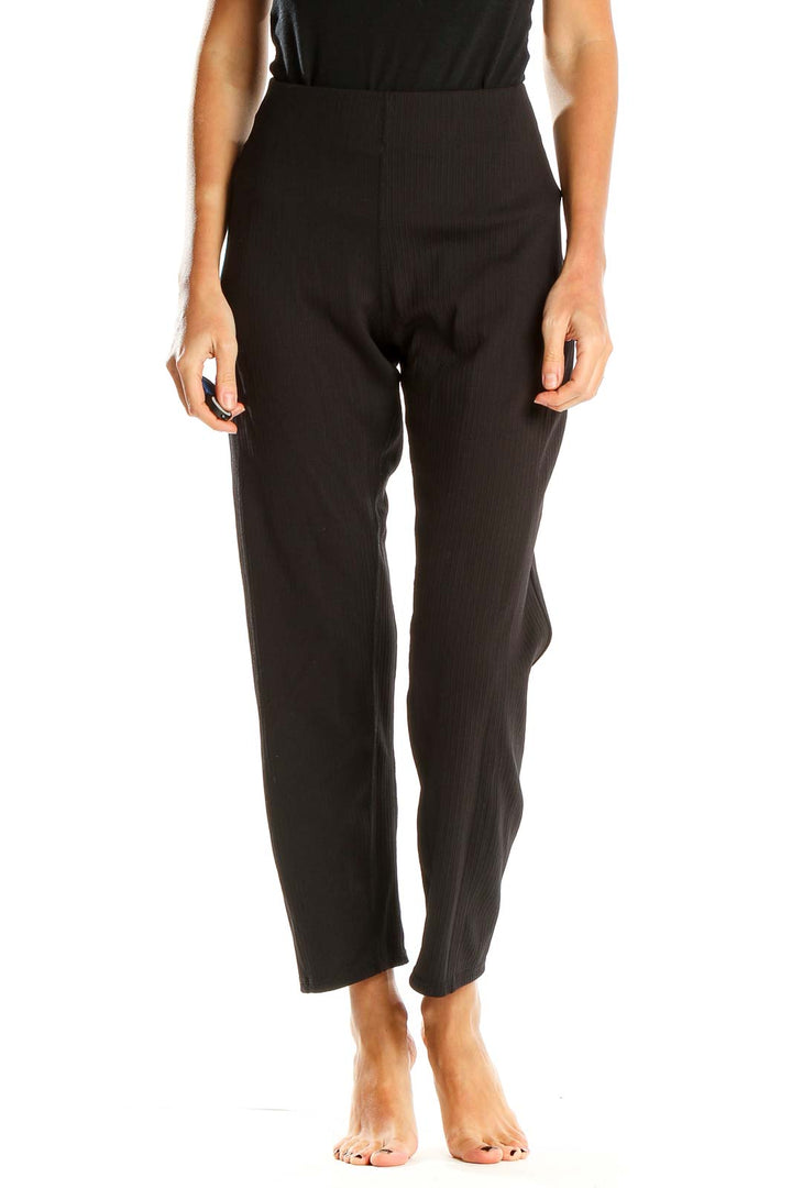 Black Ribbed Cropped Casual Pants