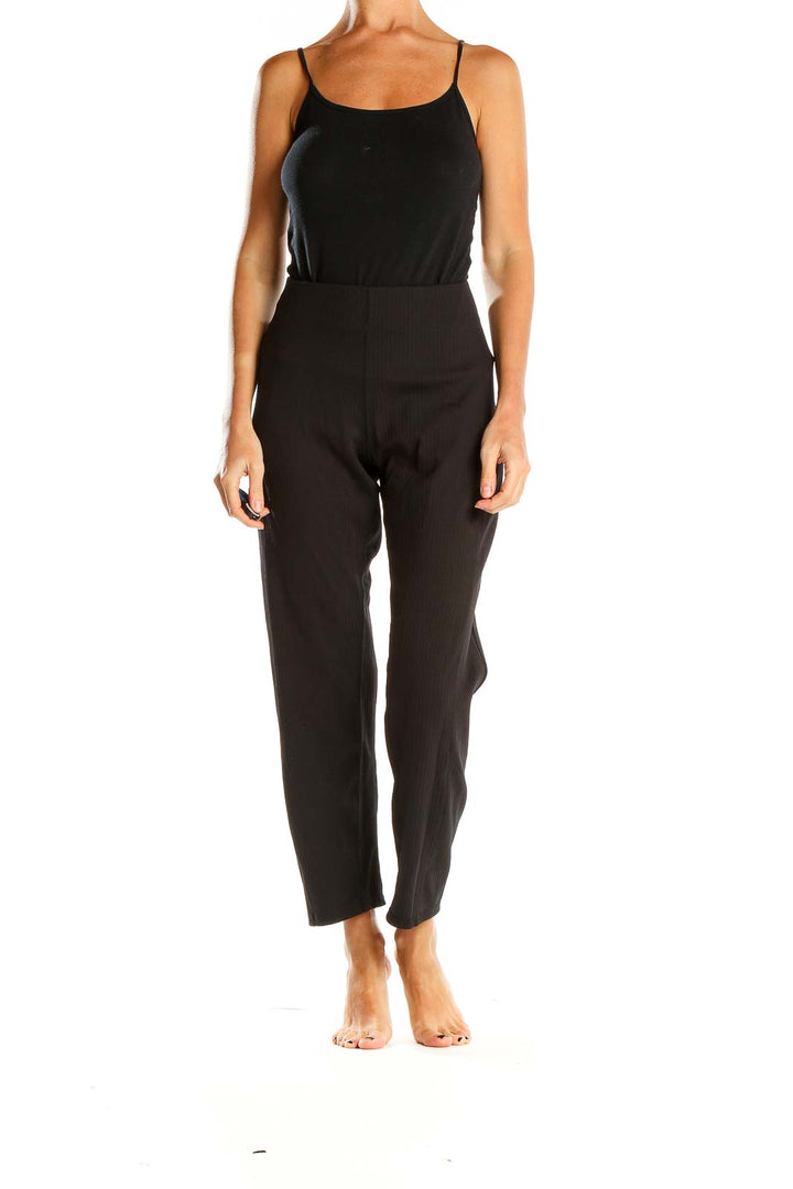 Black Ribbed Cropped Casual Pants