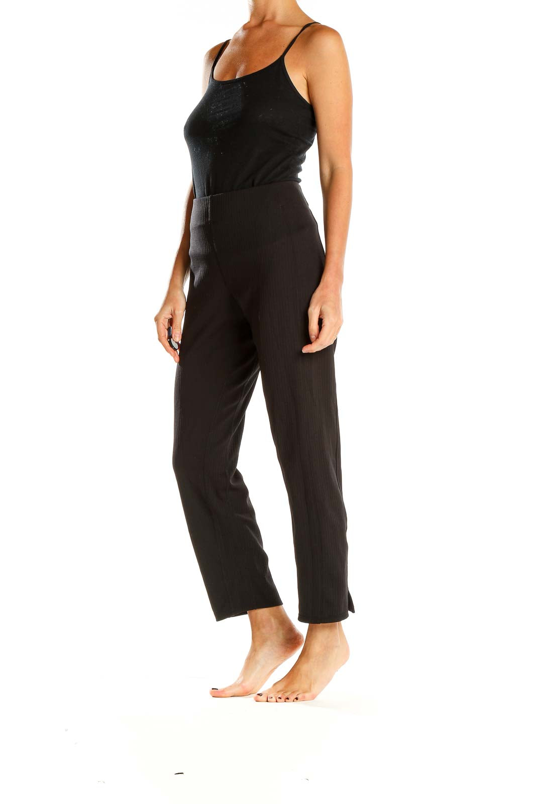 Black Ribbed Cropped Casual Pants