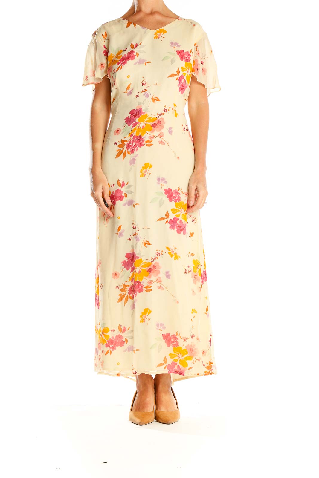 Beige Floral Print Silk Column Dress