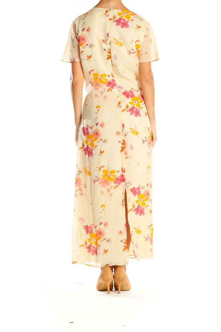 Beige Floral Print Silk Column Dress