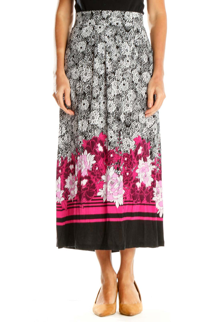 Gray Pink Floral Print Maxi Skirt