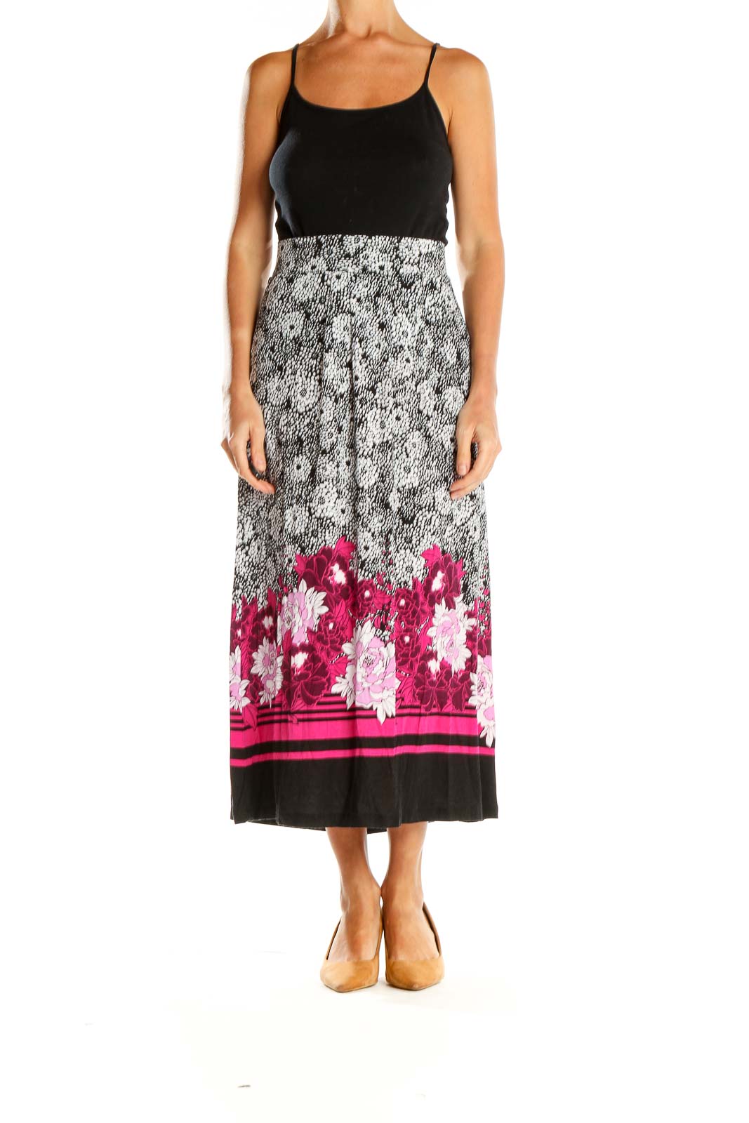 Gray Pink Floral Print Maxi Skirt