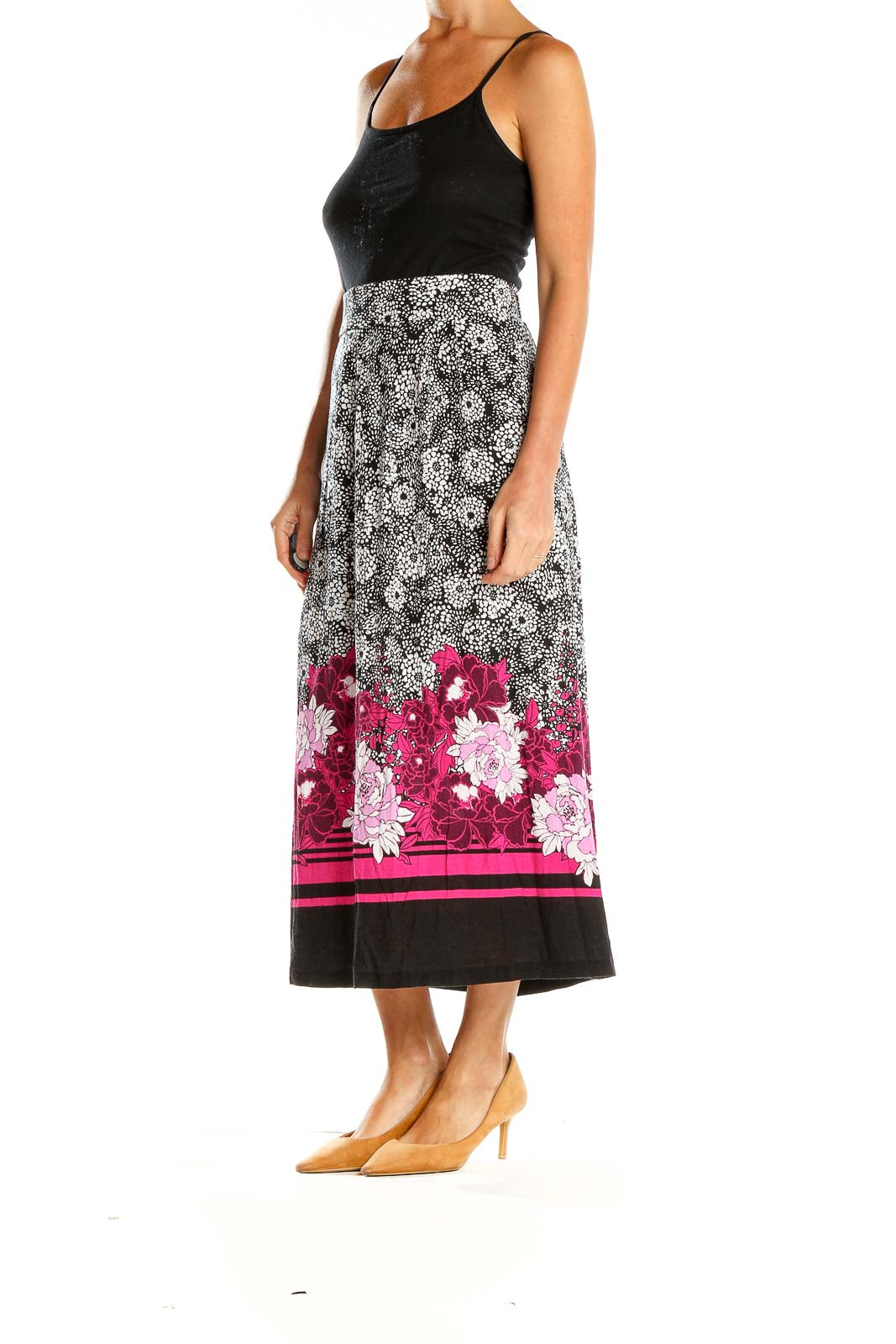 Gray Pink Floral Print Maxi Skirt