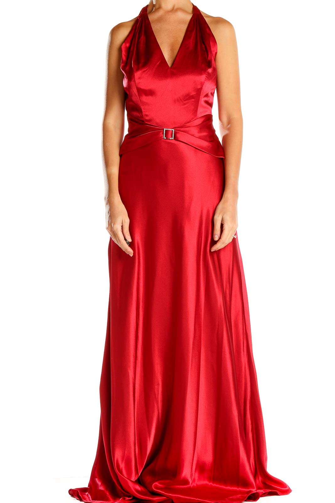 Front view of red satin halter maxi dress with plunging neckline and belt