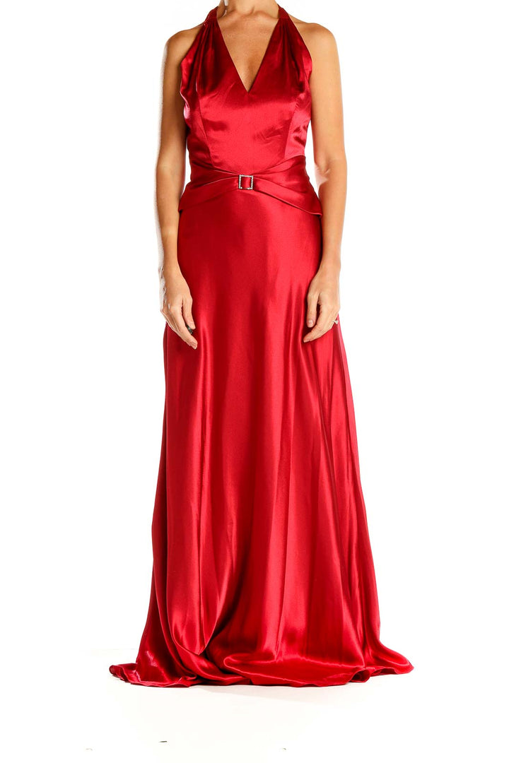 Front view of red satin halter maxi dress with plunging neckline and belt