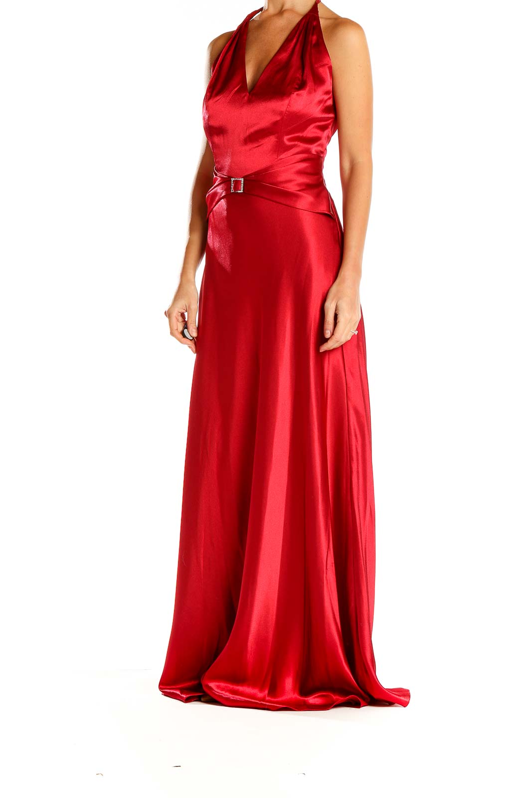 Front view of red satin halter maxi dress with plunging neckline and belt