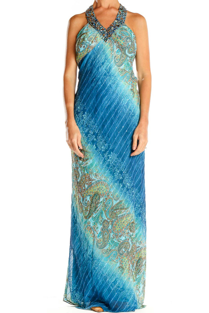 Blue Paisley Sequin Neck Bohemian Column Dress