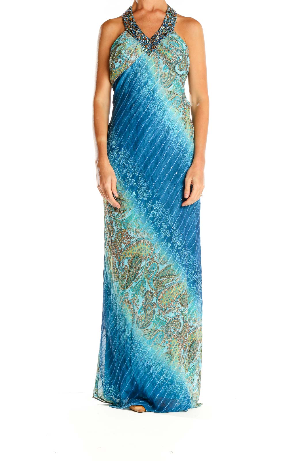 Blue Paisley Sequin Neck Bohemian Column Dress