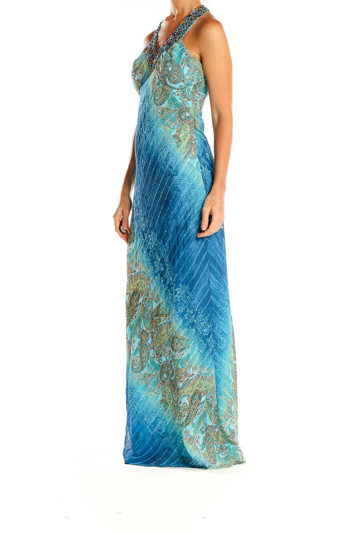 Blue Paisley Sequin Neck Bohemian Column Dress