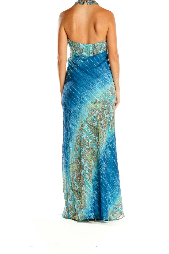 Blue Paisley Sequin Neck Bohemian Column Dress