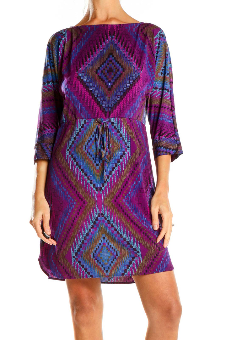 Purple Geometric Print Bohemian A-Line Dress