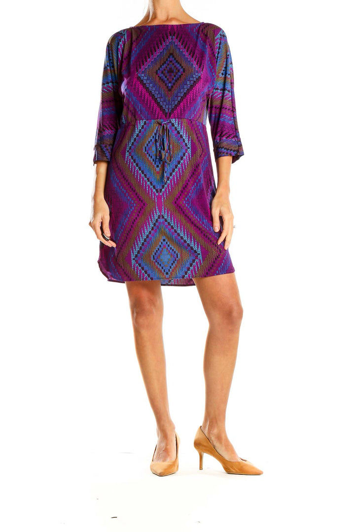 Purple Geometric Print Bohemian A-Line Dress