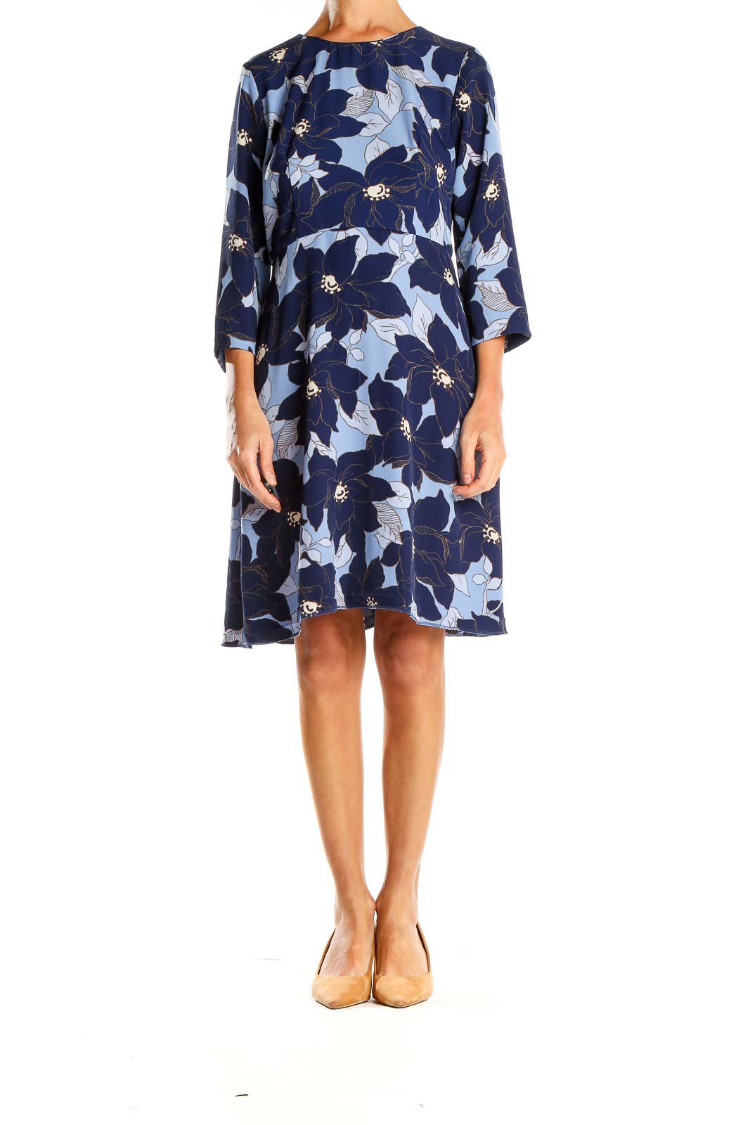 Front view of Ann Taylor Petites blue floral print shift dress with navy and light blue pattern