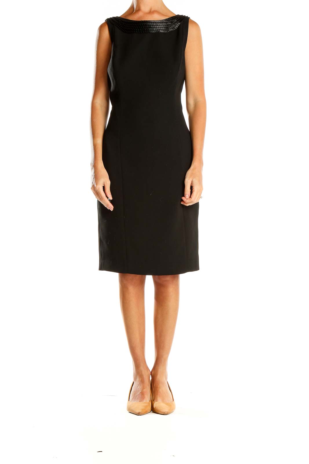 Front view of Calvin Klein black sleeveless sheath dress with textured neckline