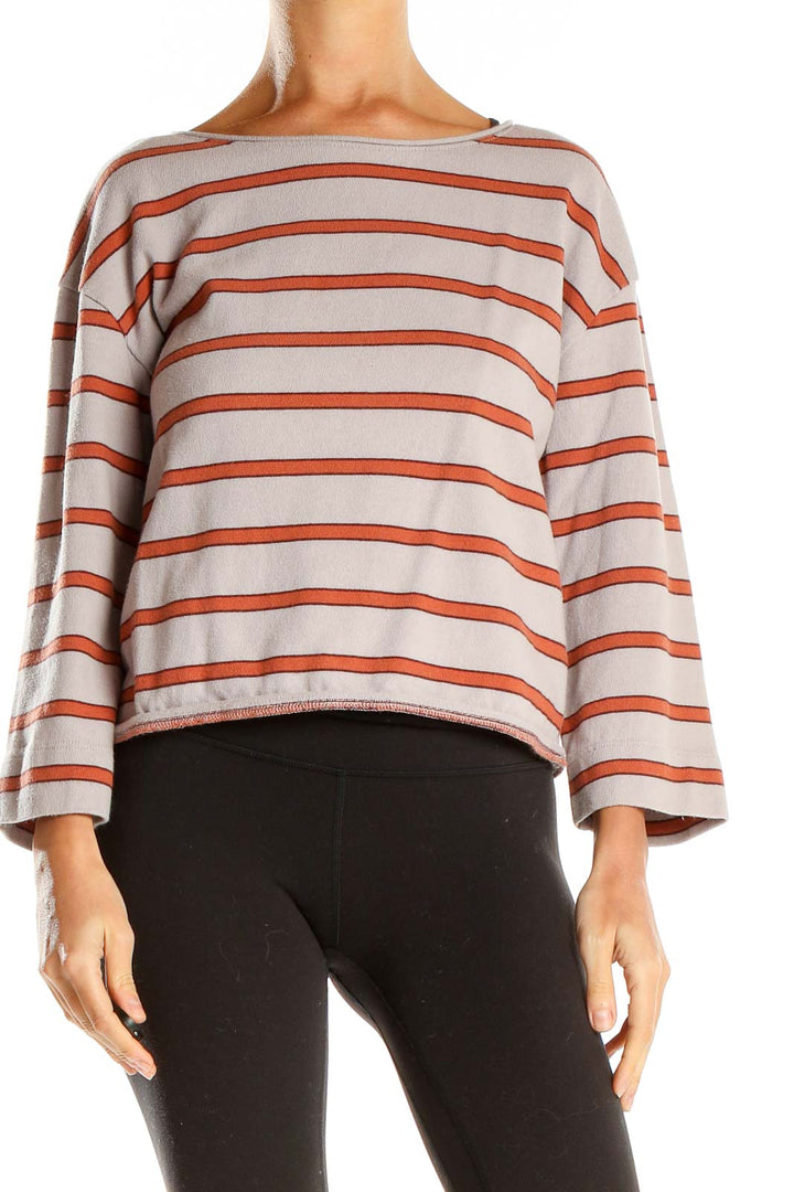 Gray Red Striped Bell Sleeve Crop Top