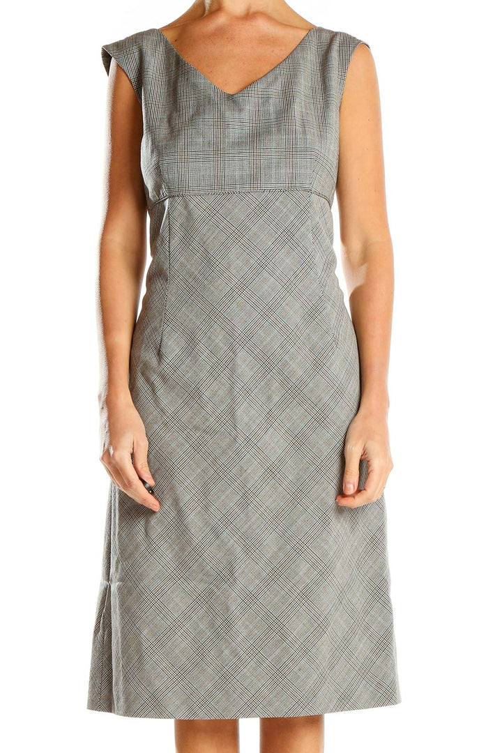 Ann Taylor Gray Plaid V-Neck Midi Dress - Elegant Professional Wear SilkRoll Ann Taylor Gray Plaid V-Neck Midi Dress - Elegant Professional Wear SilkRoll