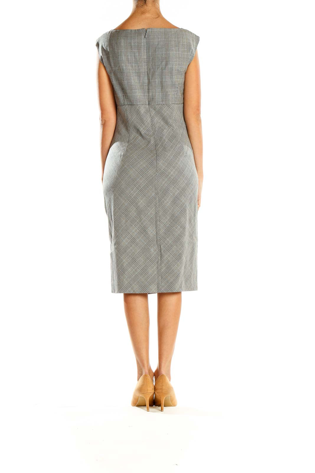 Ann Taylor Gray Plaid V-Neck Midi Dress - Elegant Professional Wear SilkRoll Ann Taylor Gray Plaid V-Neck Midi Dress - Elegant Professional Wear SilkRoll