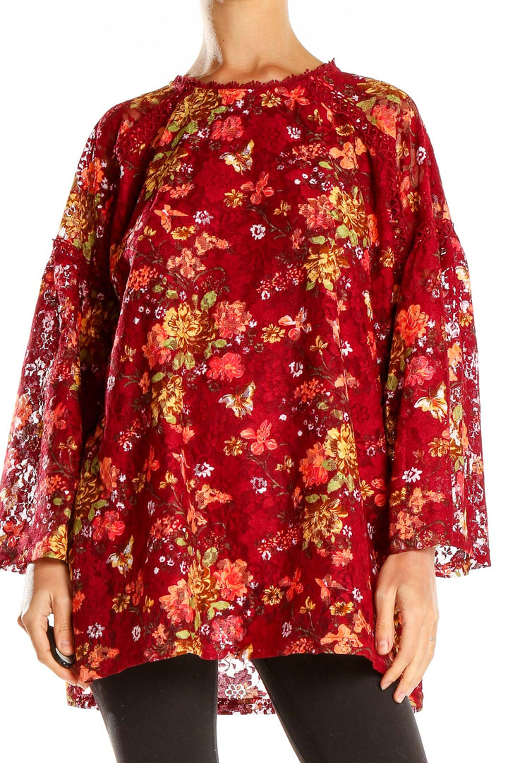 Red Floral Print Textured Bohemian Top