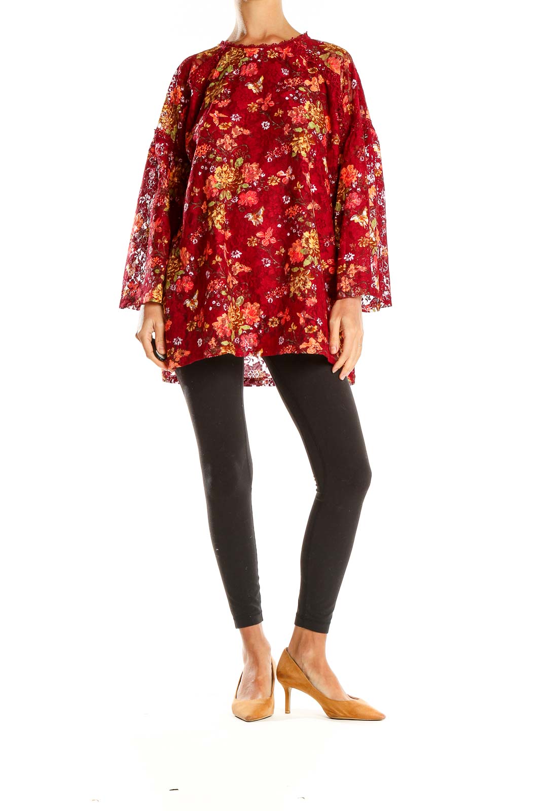 Red Floral Print Textured Bohemian Top