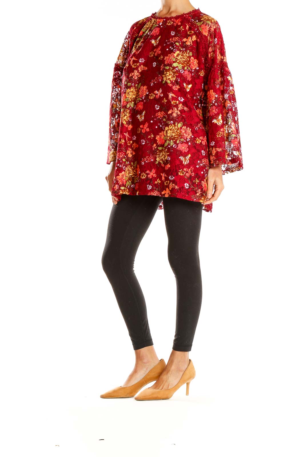 Red Floral Print Textured Bohemian Top