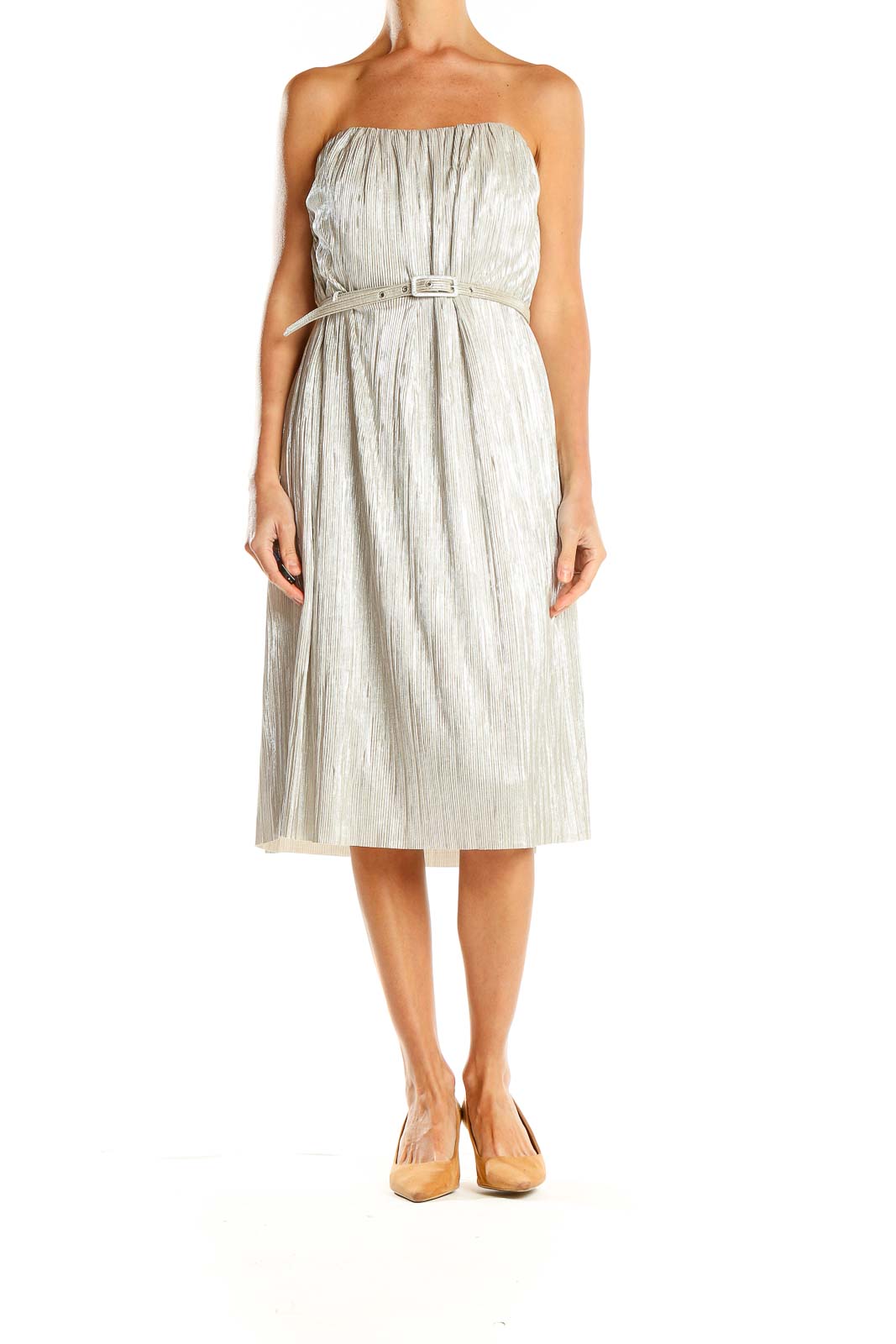 Silver Strapless Pleated Midi Dress