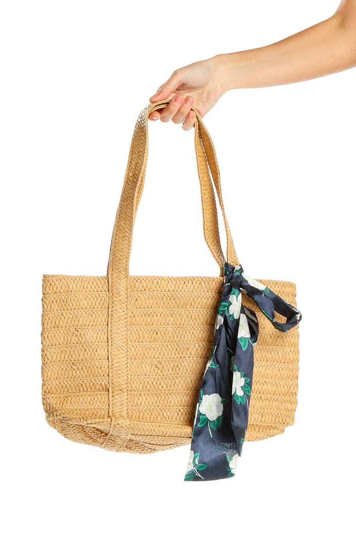 Beige Whicker Tote Bag With Blue Ribbon