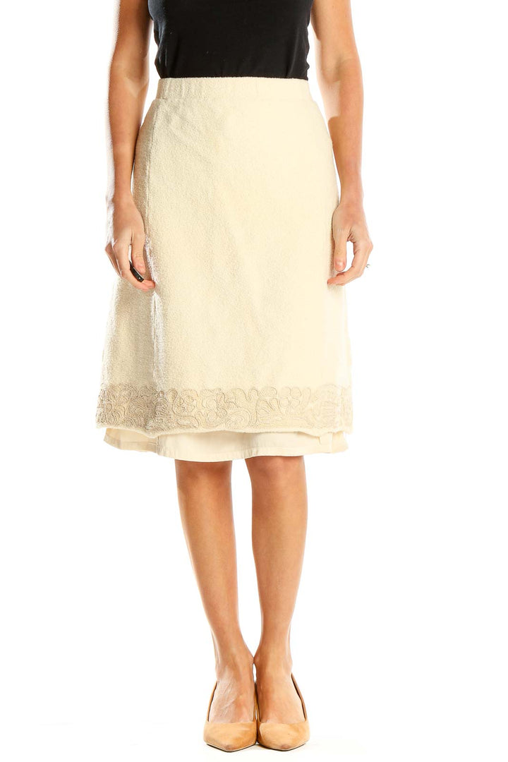 Beige Chic Vintage Embroidered A-Line Skirt