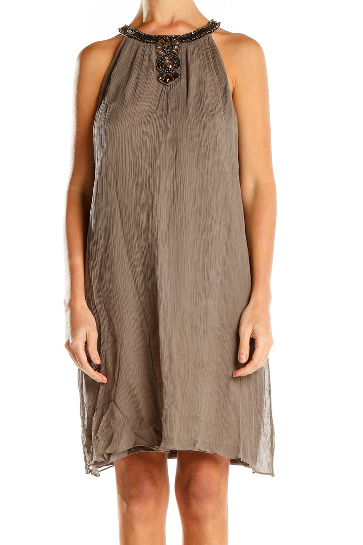 Brown Embellished High Neck Shift Dress