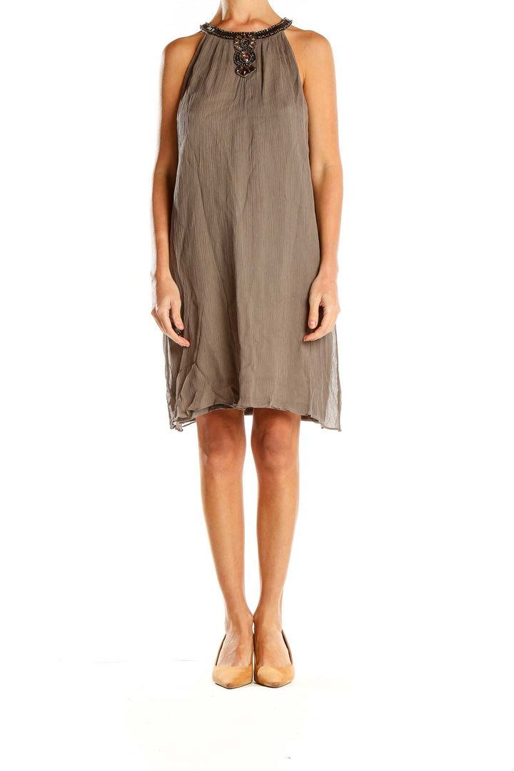 Brown Embellished High Neck Shift Dress