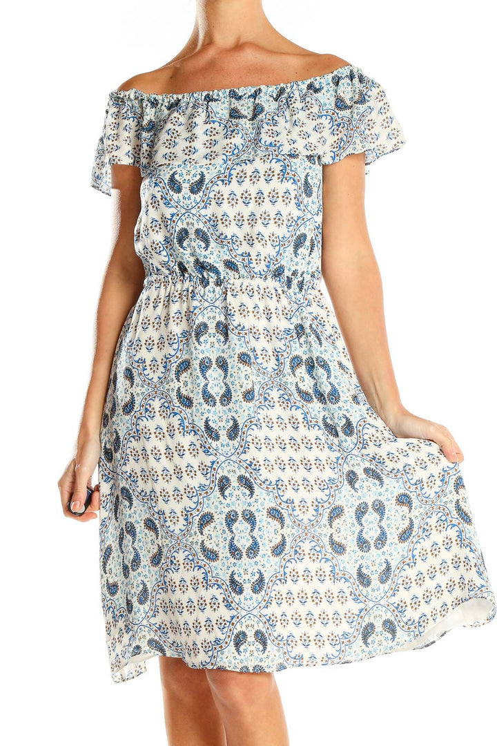 White Blue Paisley Off The Shoulder Dress