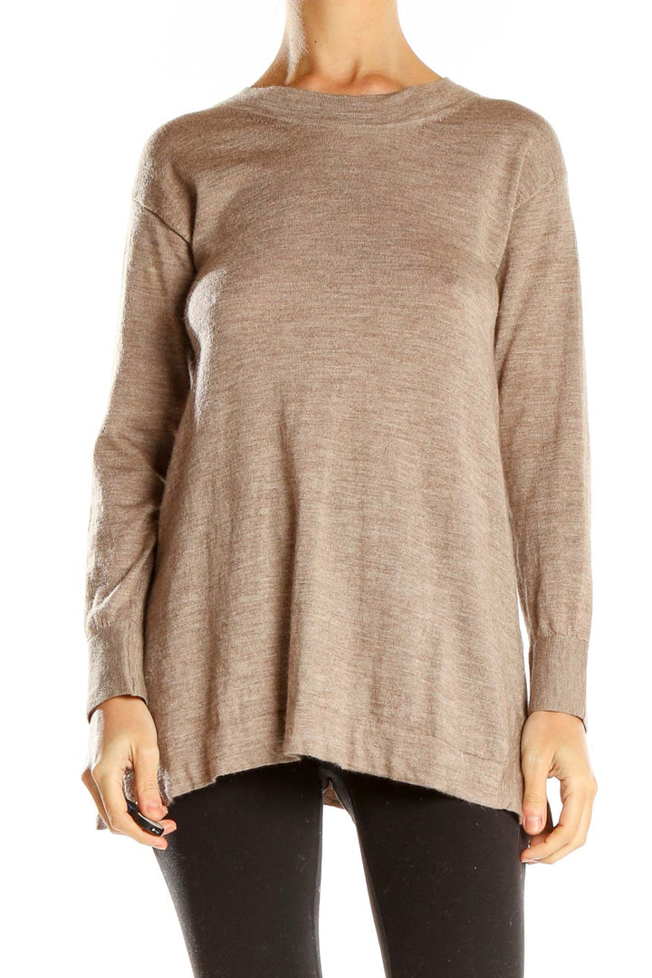 Front view of beige Rani Arabella long sleeve crewneck sweater