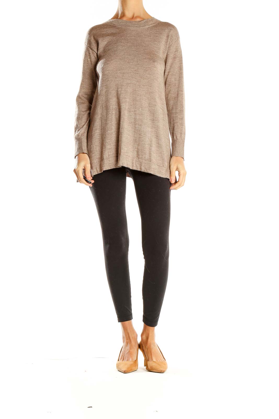 Front view of beige Rani Arabella long sleeve crewneck sweater