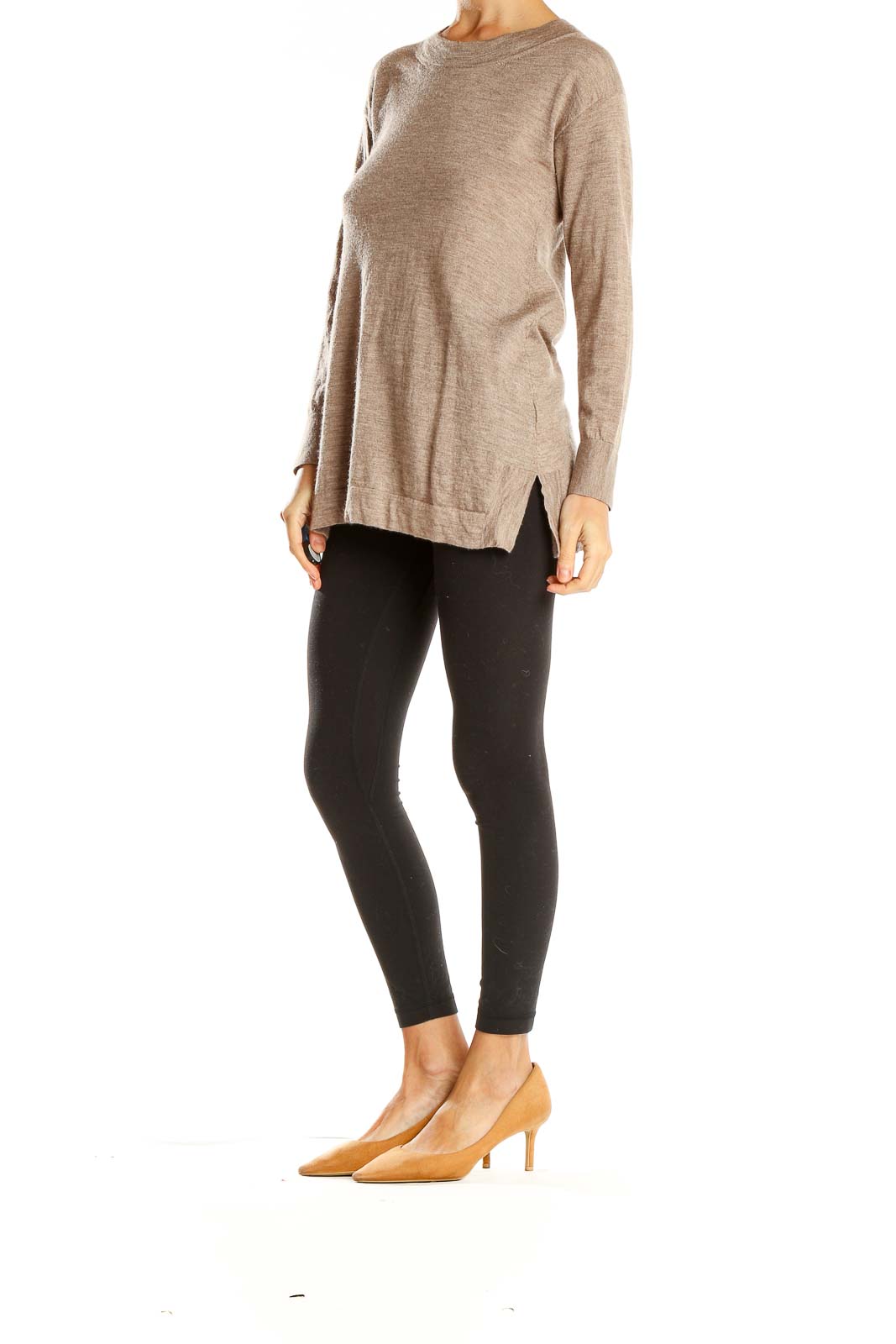 Front view of beige Rani Arabella long sleeve crewneck sweater