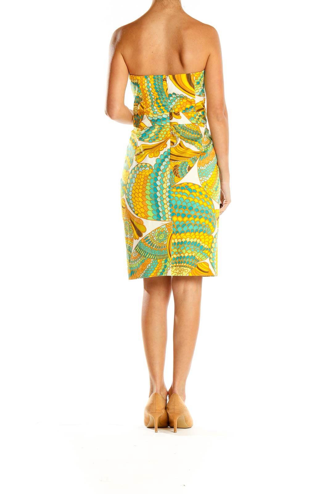 Yellow Printed Strapless Sheath Dress