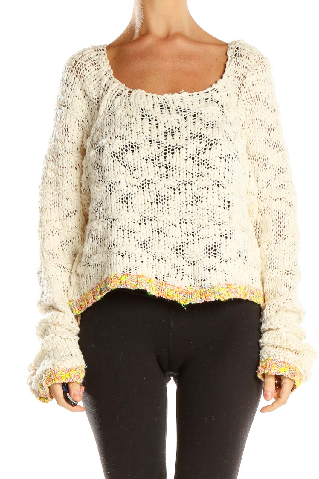 Front view of Free People cream cropped knit sweater with colorful trim