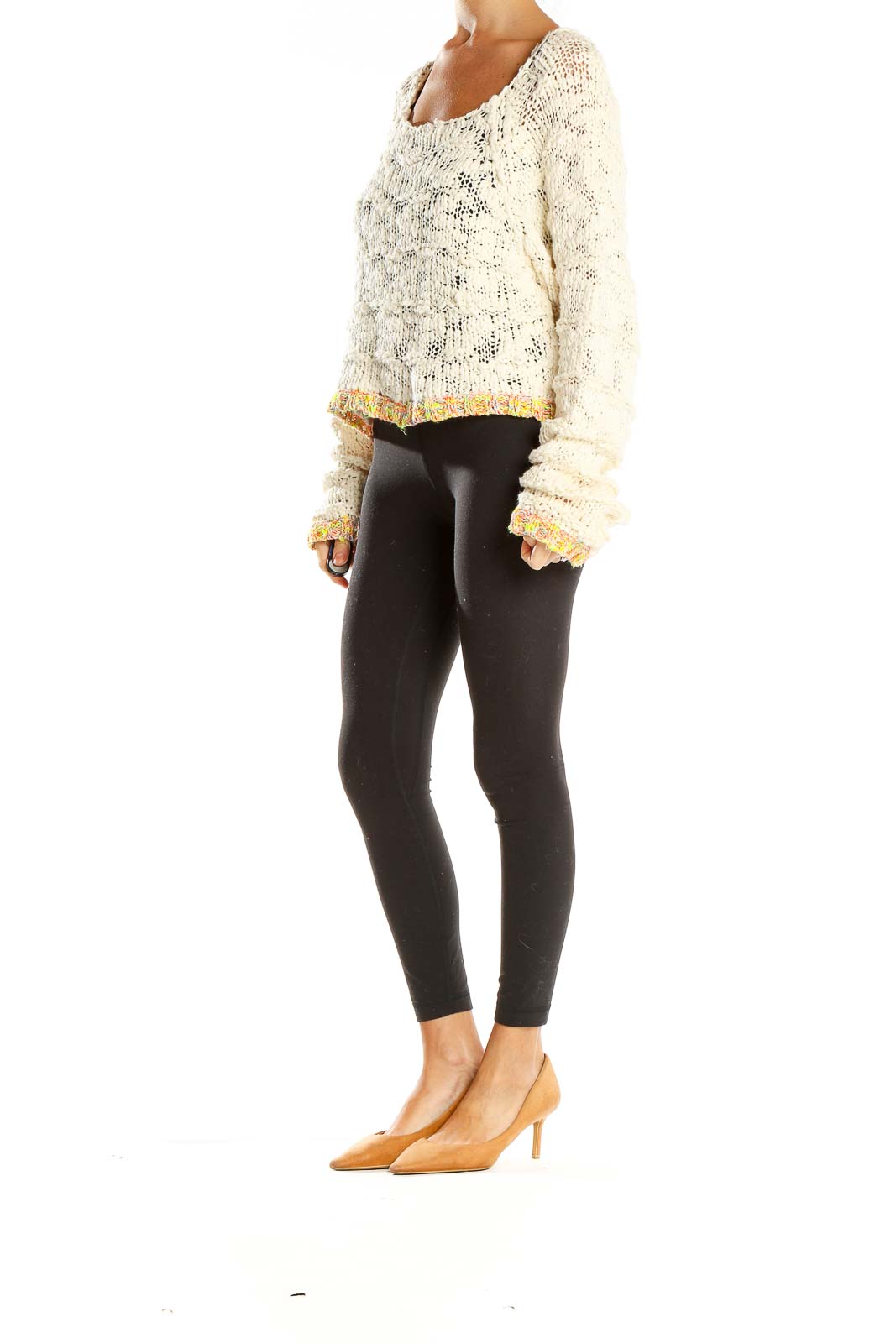 Front view of Free People cream cropped knit sweater with colorful trim