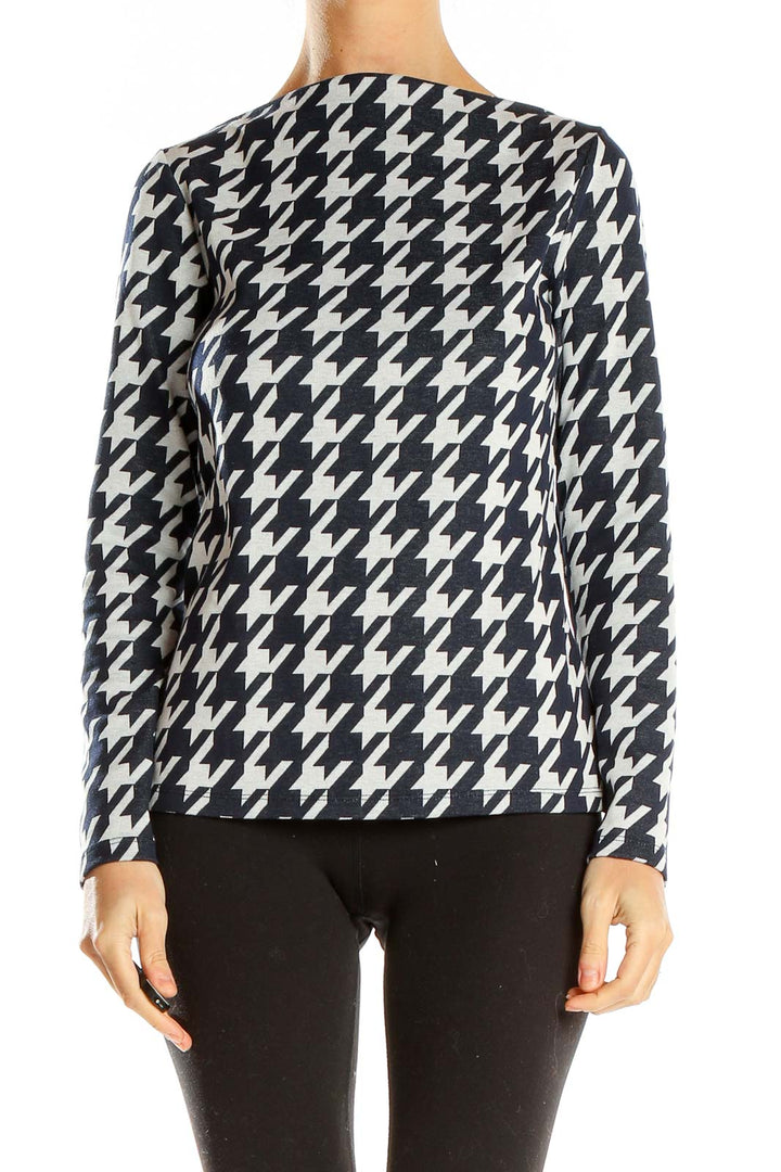 White Blue High Neck Houndstooth Top