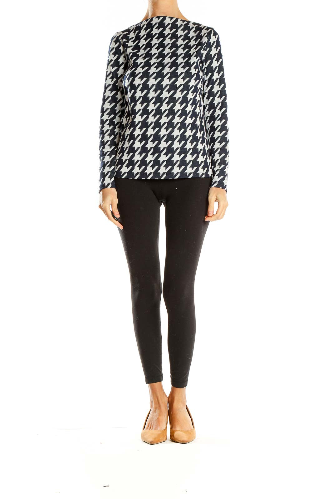 White Blue High Neck Houndstooth Top