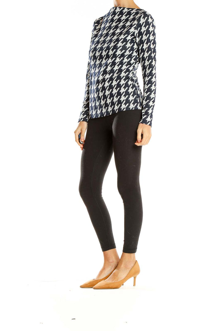 White Blue High Neck Houndstooth Top