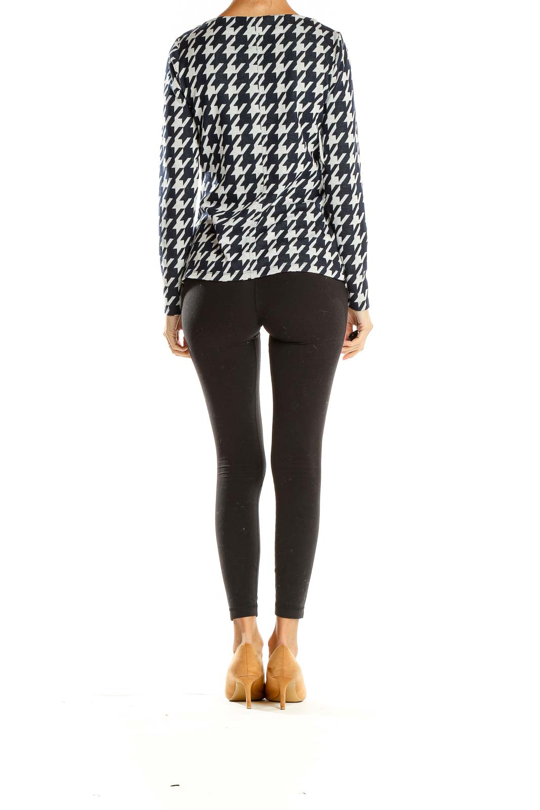 White Blue High Neck Houndstooth Top