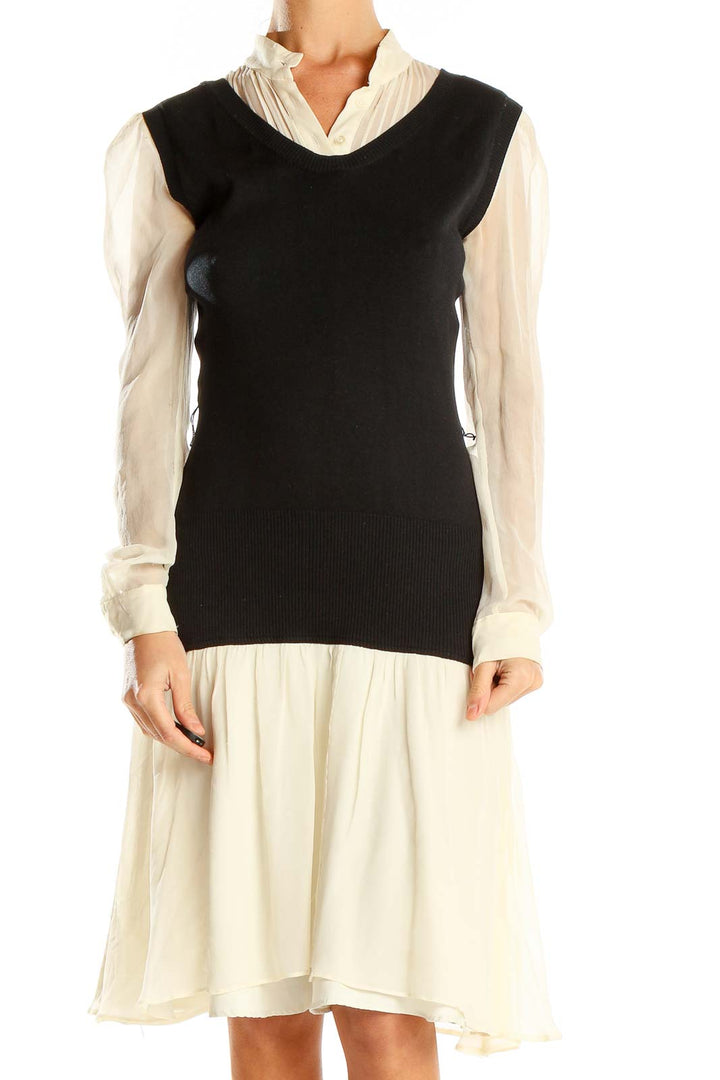 Two Piece White Silk Dress With Attached Black Vest