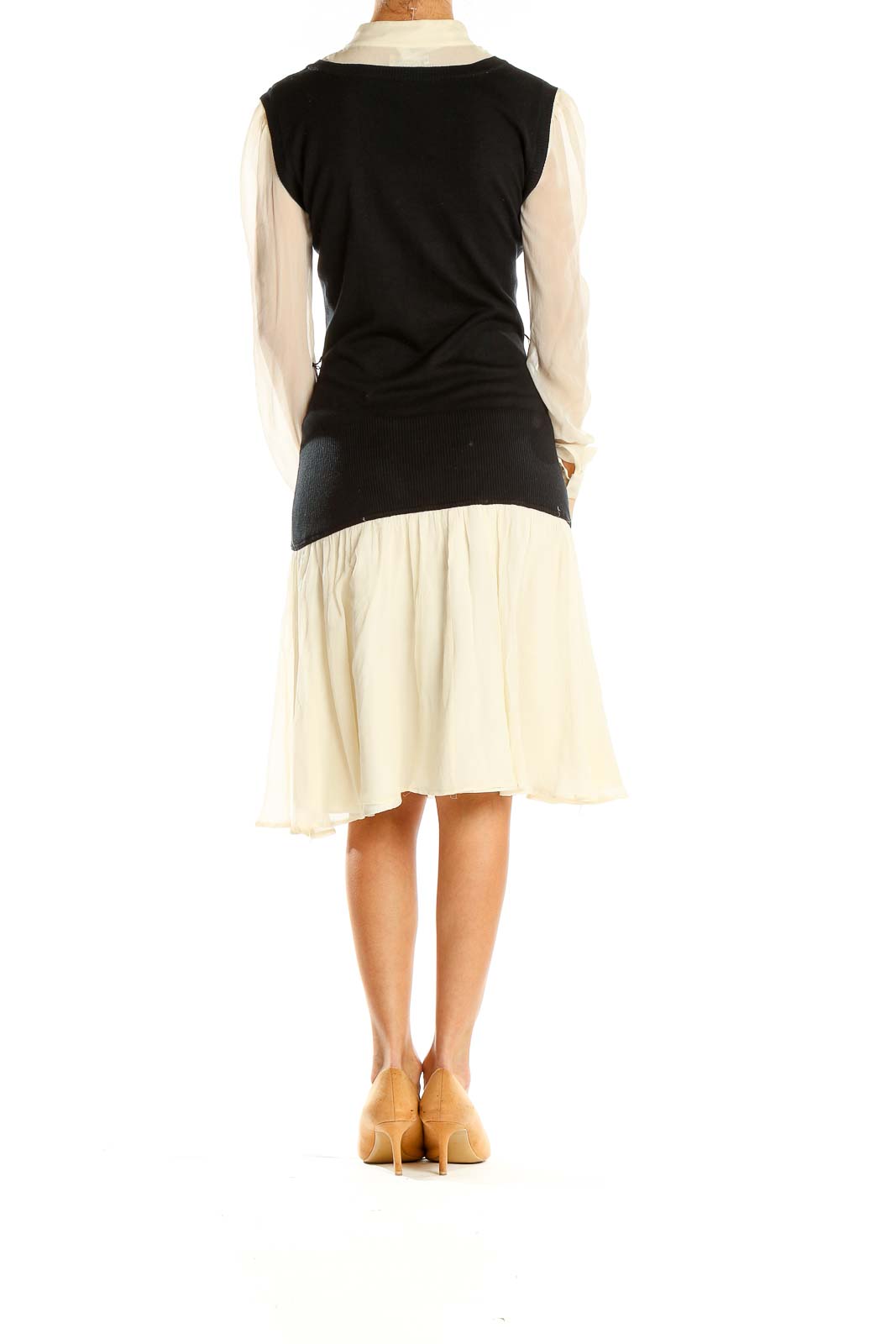 Two Piece White Silk Dress With Attached Black Vest